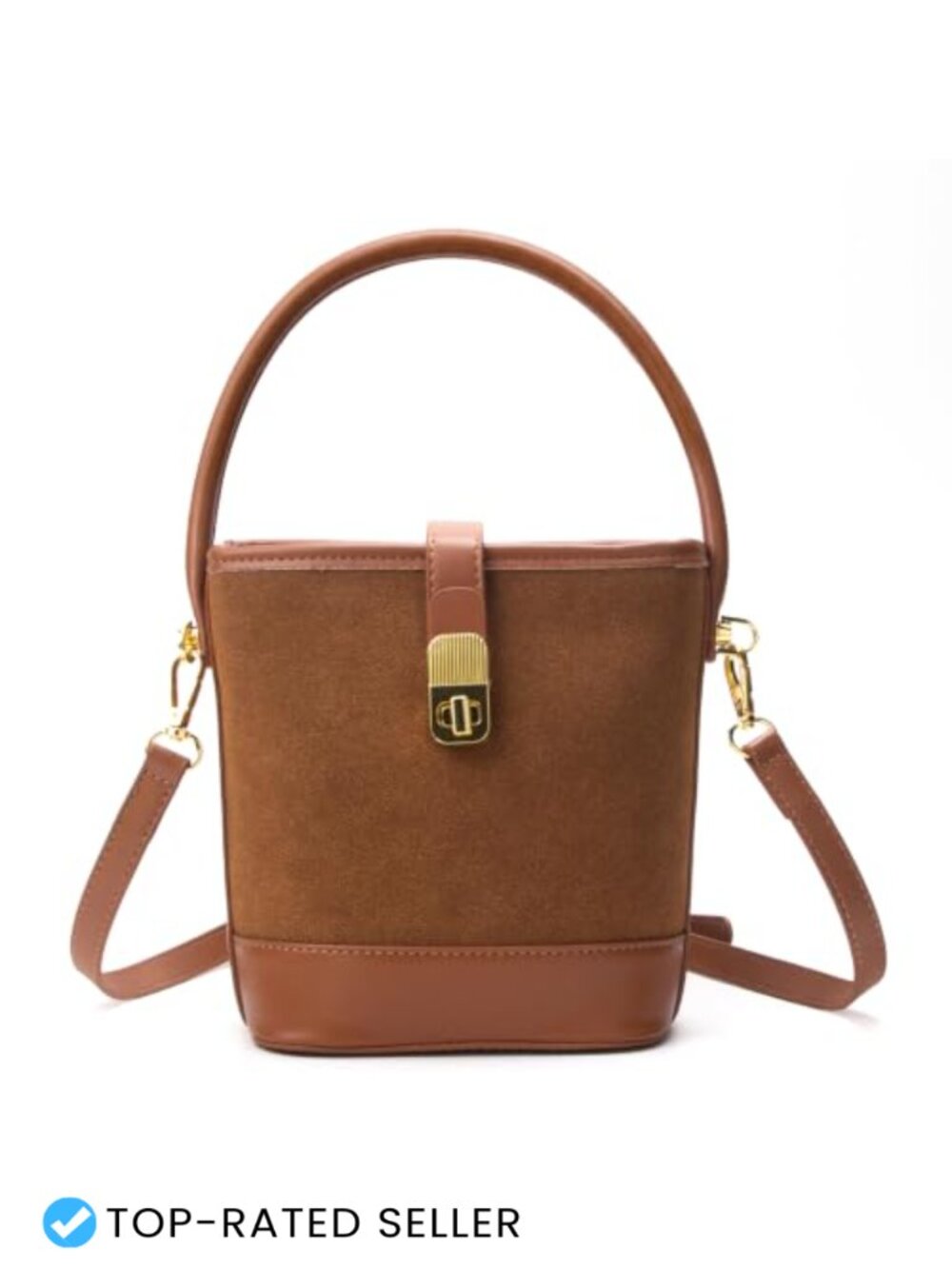 Faux Suede Bucket Crossbody Purse with Attached Shoulder Strap